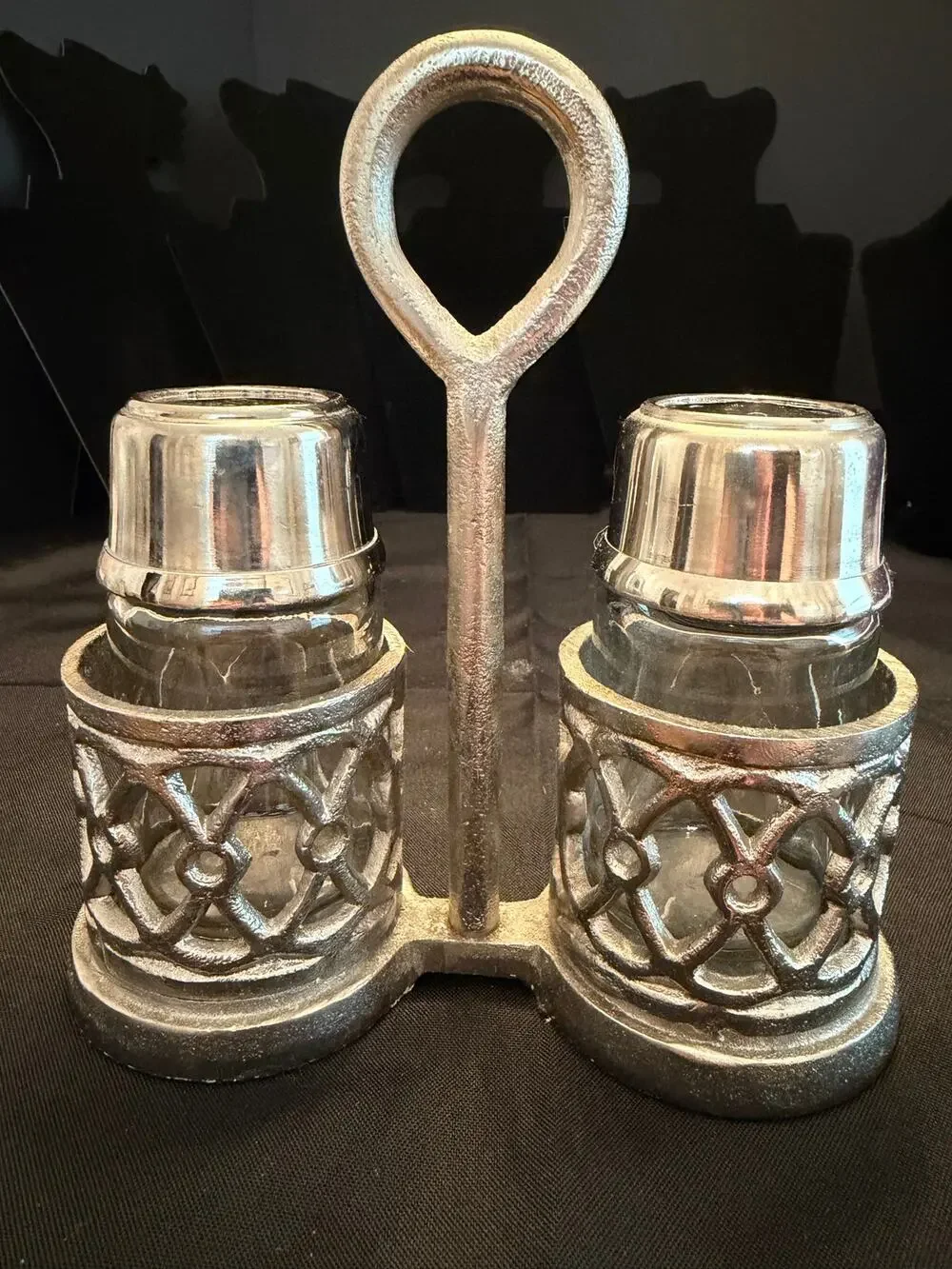 Vintage Pewter cutwork glass and pewter salt and pepper caddy openwork design